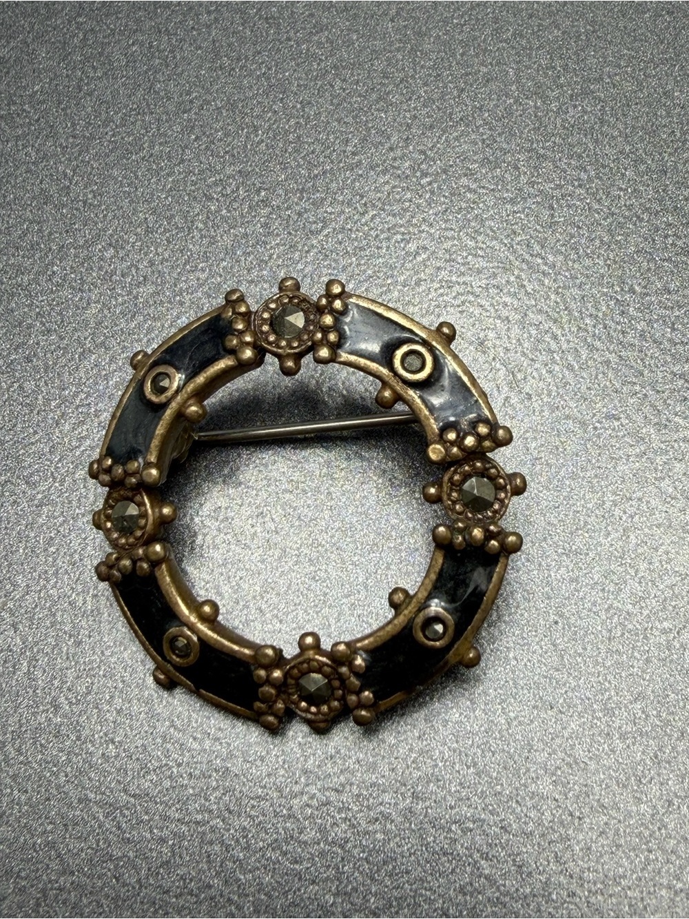 Ann Klein  Black Enamel and Gold-Tone Circular Brooch